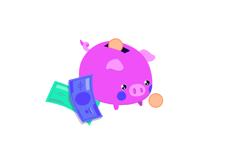 Cute pink piggy bank with coins and paper money, featuring cartoon-style eyes and rosy cheeks.
