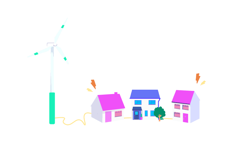 Illustration of a wind turbine connected to three colorful houses, symbolizing renewable energy powering a neighborhood.