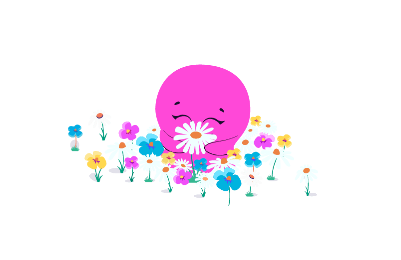 A cute pink octopus holding a white flower, surrounded by colorful flowers on a white background.