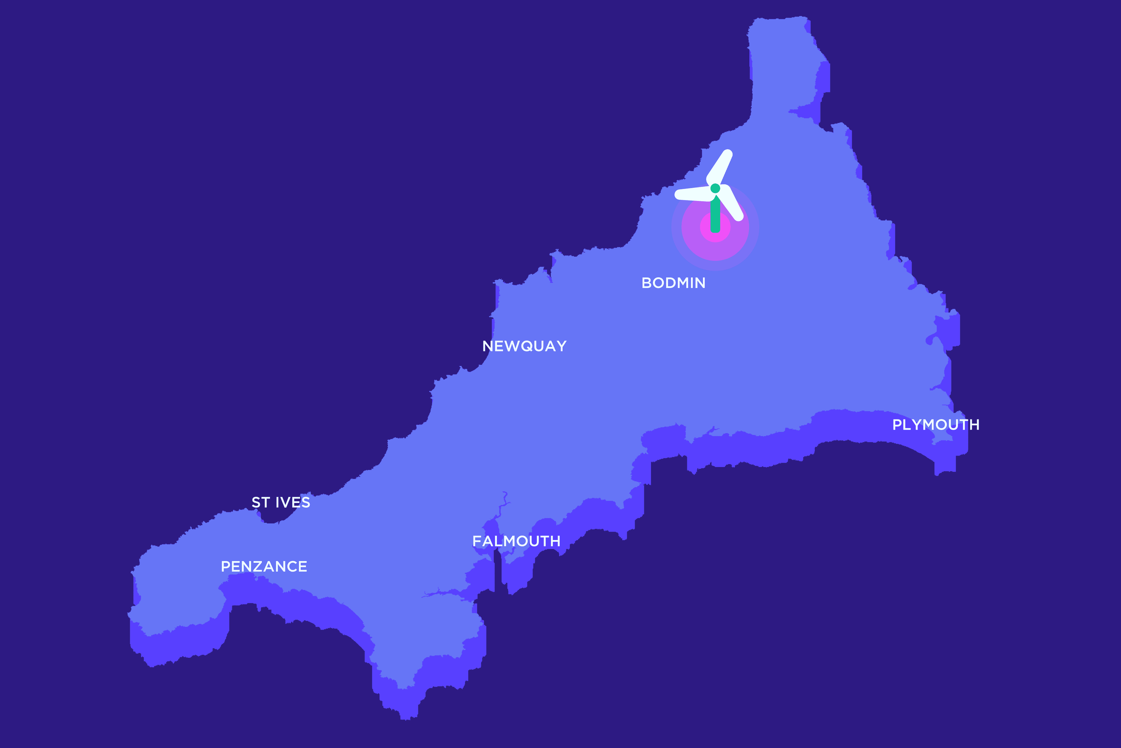 Map of Cornwall, UK, highlighting Bodmin with a wind turbine icon. Nearby towns: Newquay, St Ives, Penzance, Falmouth, Plymouth.