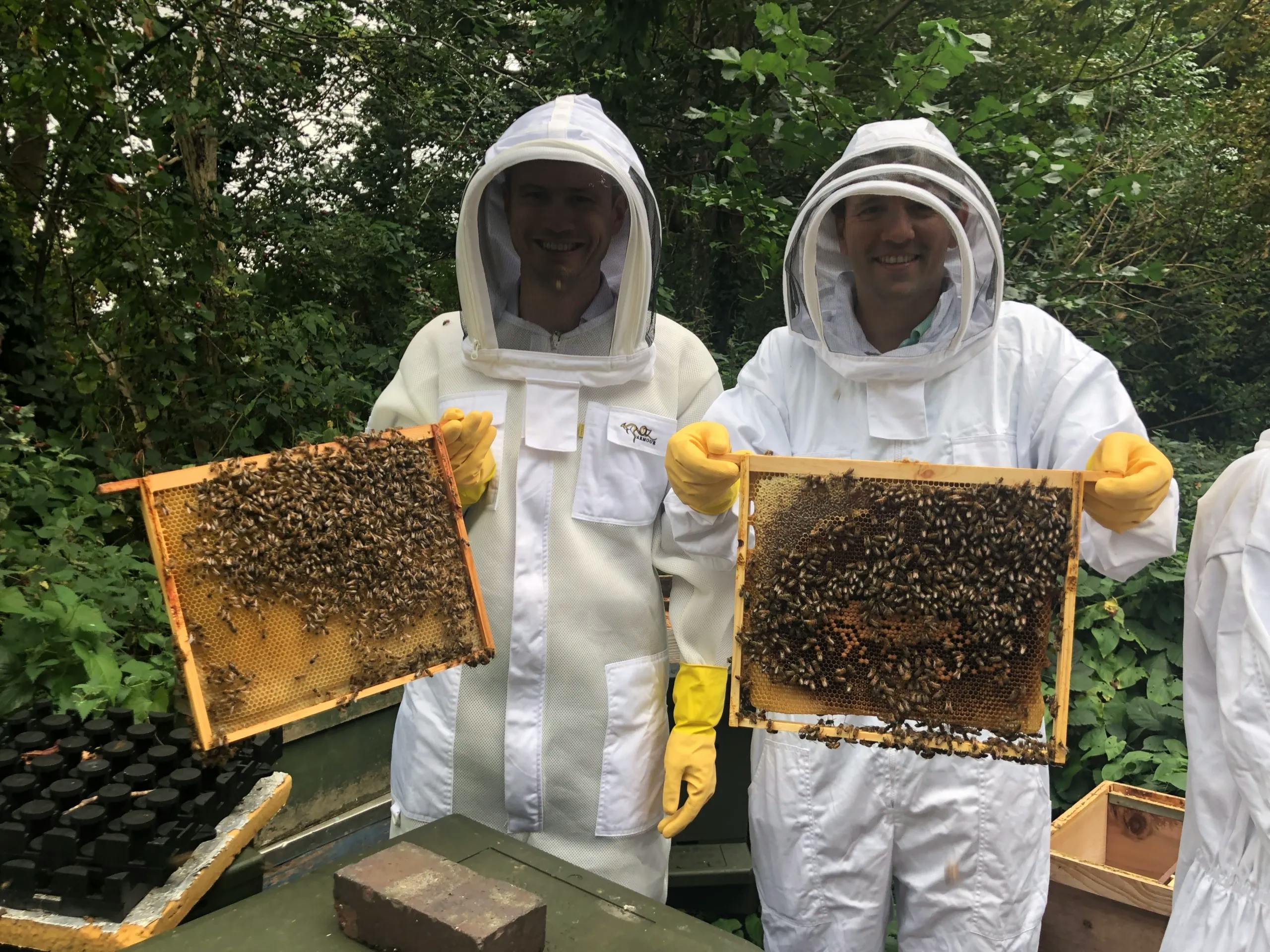 Beekeepers holding up honeycomb