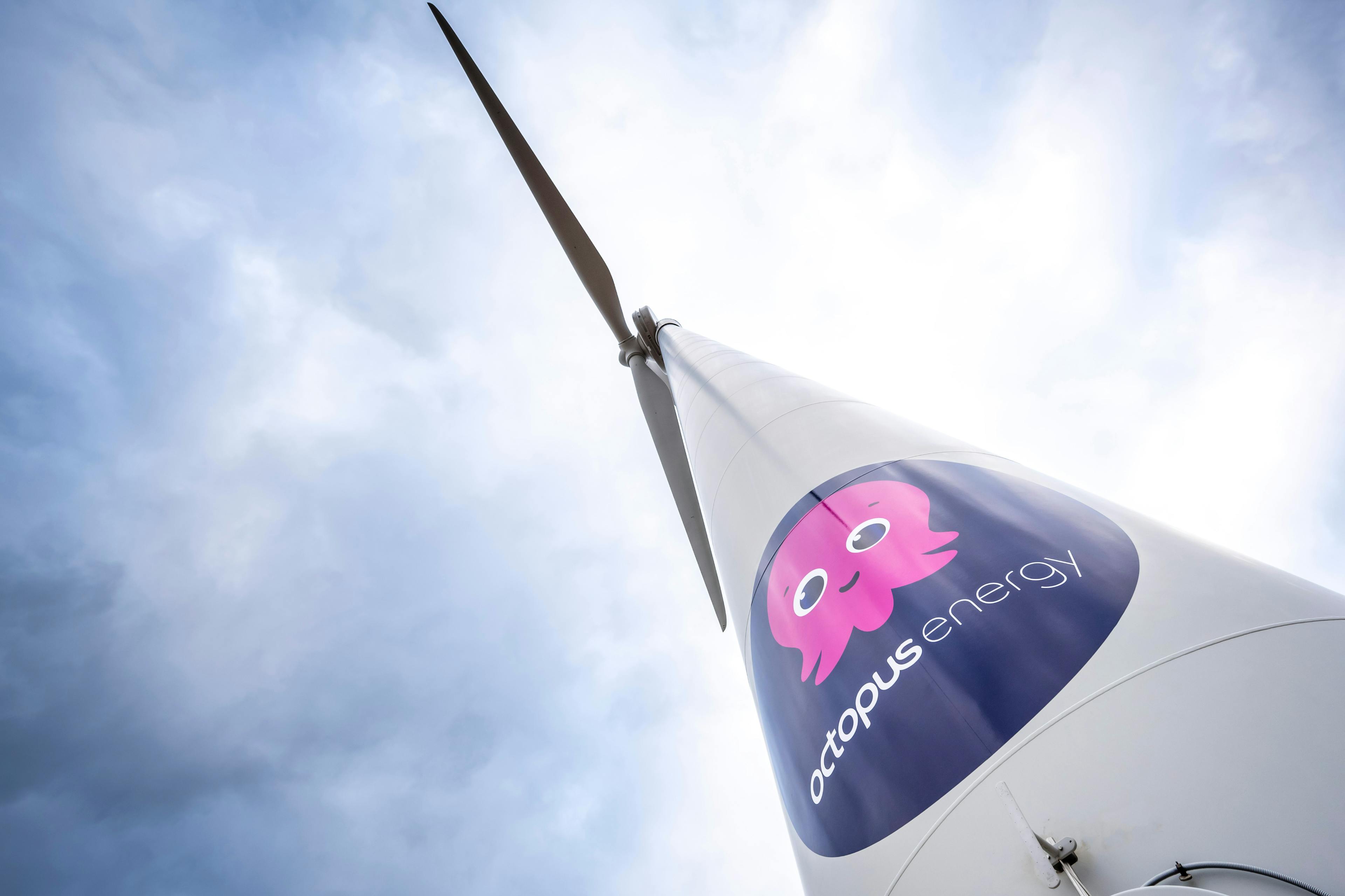 A wind turbine photographed from its base, with the Octopus Energy logo visible