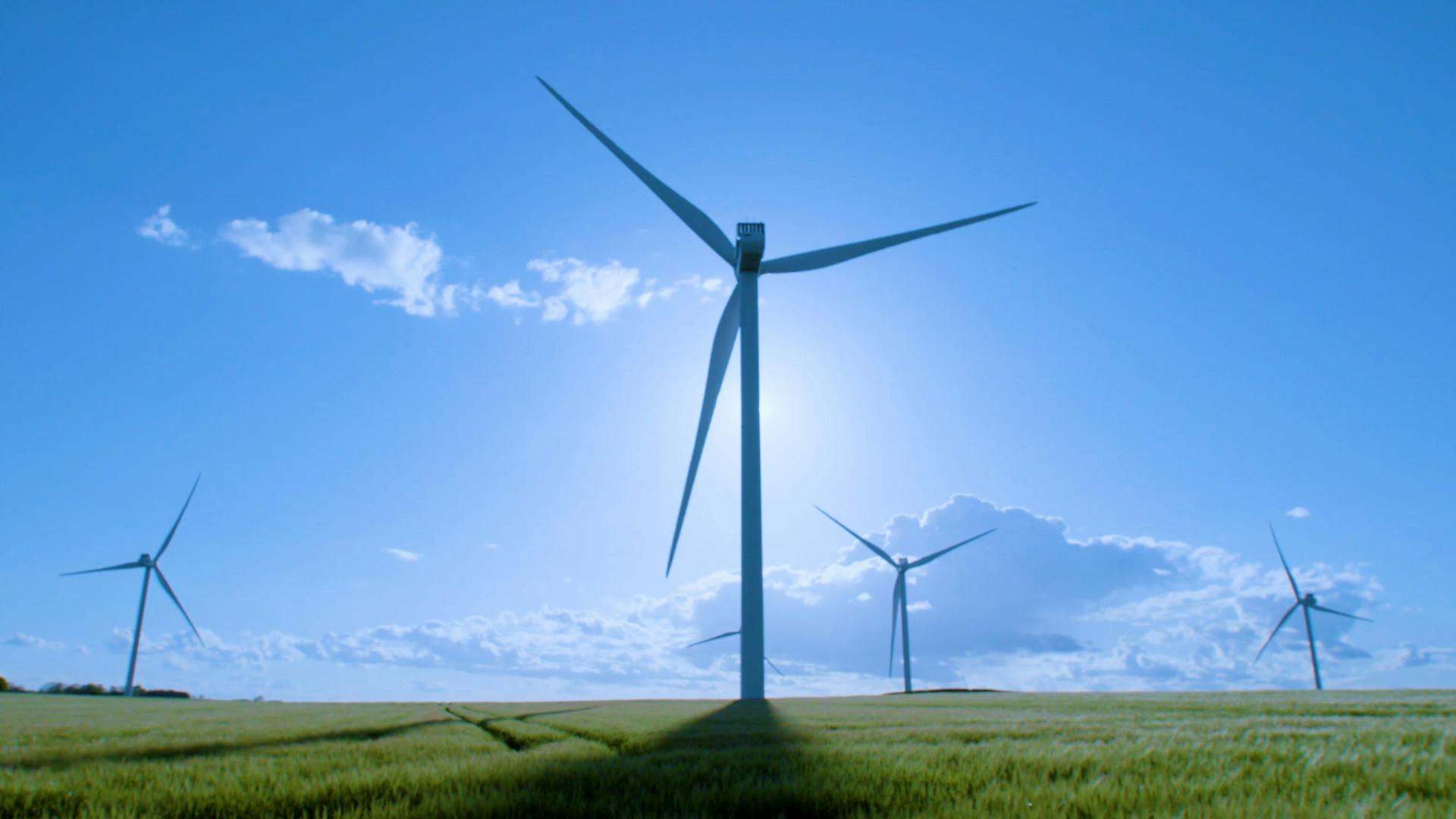 Wind turbines against the backdrop of a blue, sunny sky